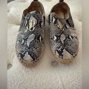 Jimmy Choo Black and Cream Snakeskin Espadrille Slip-Ons